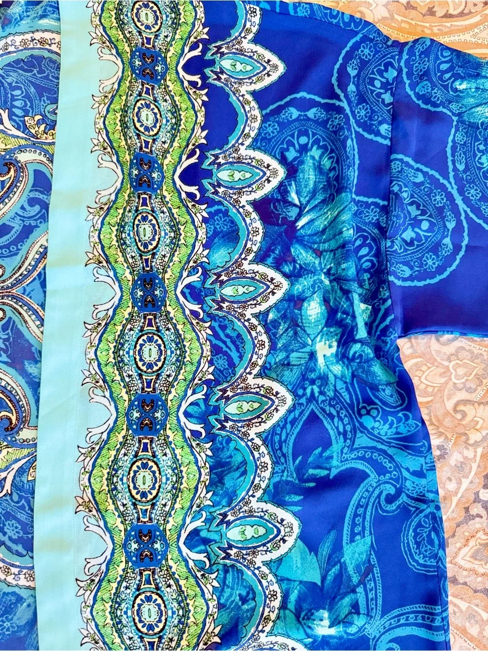 CHICO’S Silky Turquoise & Blue Paisley Medallion Open-Front Kimono Wrap Cardigan